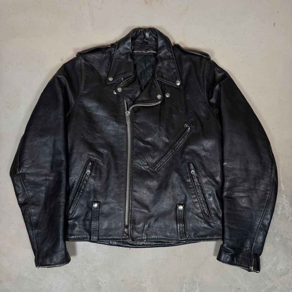 Vintage 70s AMF Harley-Davidson Leather Biker Jacket 42 Tall Serval Zipper Black